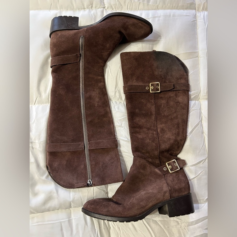 Cole Haan Women Brown Suede Leather Boots Knee High Waterproof Equestrian